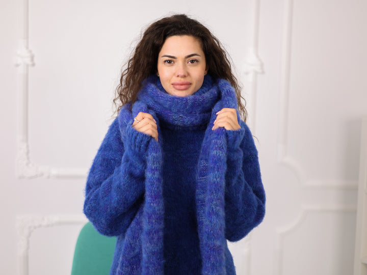 Blue Melange Alpaca Scarf, Brushed Knit, Oversized, Long, Fluffy T2270