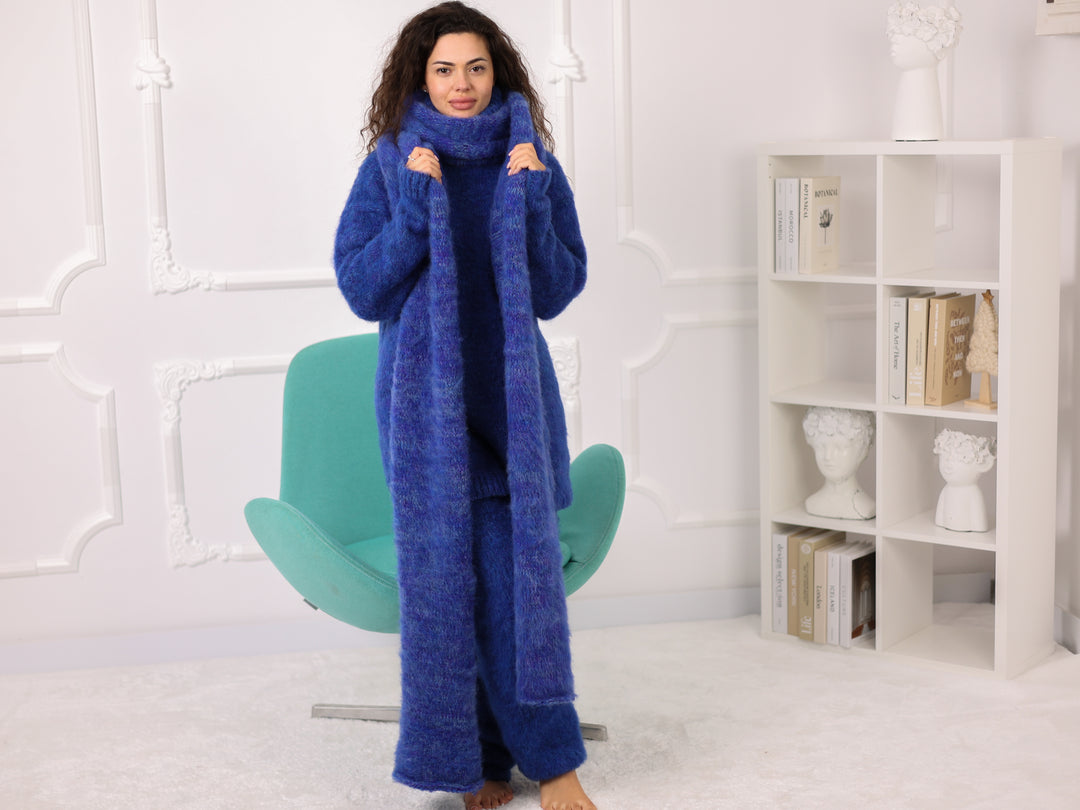 Blue Melange Alpaca Scarf, Brushed Knit, Oversized, Long, Fluffy T2270