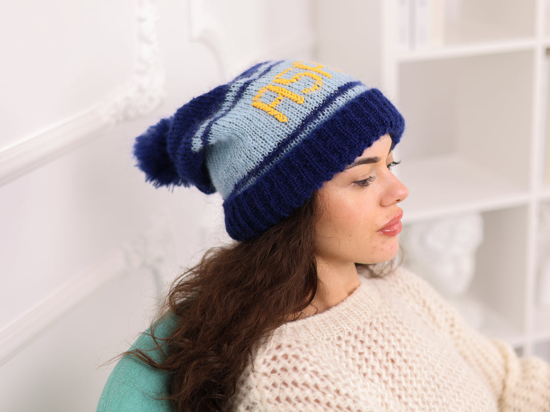 Personalized French Kid Mohair Hat with Pom Pom, Custom Name Beanie H12