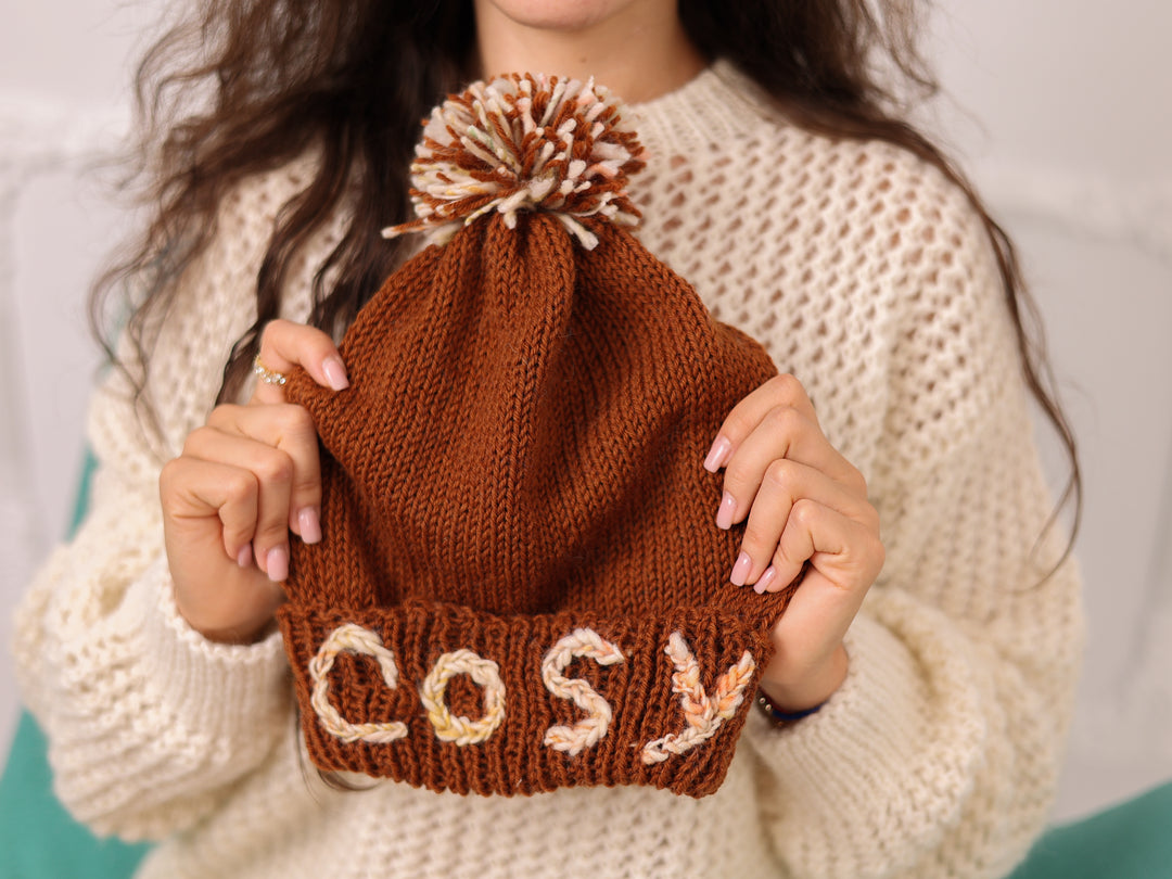 Personalized Soft Wool Beanie with Pom Pom, Custom Word Winter Knit Hat H11