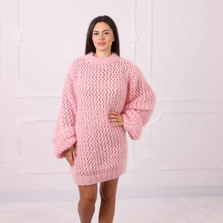 Pink Mohair Fishnet Sweater Oversized Sheer Pullover Airy Handmade Cozy Statement Knitwear Luxury T2287