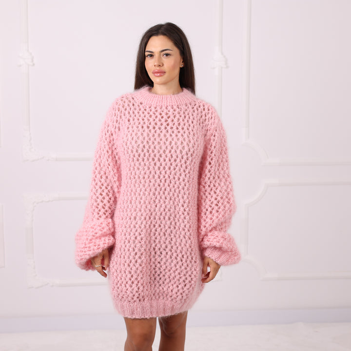 Pink Mohair Fishnet Sweater Oversized Sheer Pullover Airy Handmade Cozy Statement Knitwear Luxury T2287