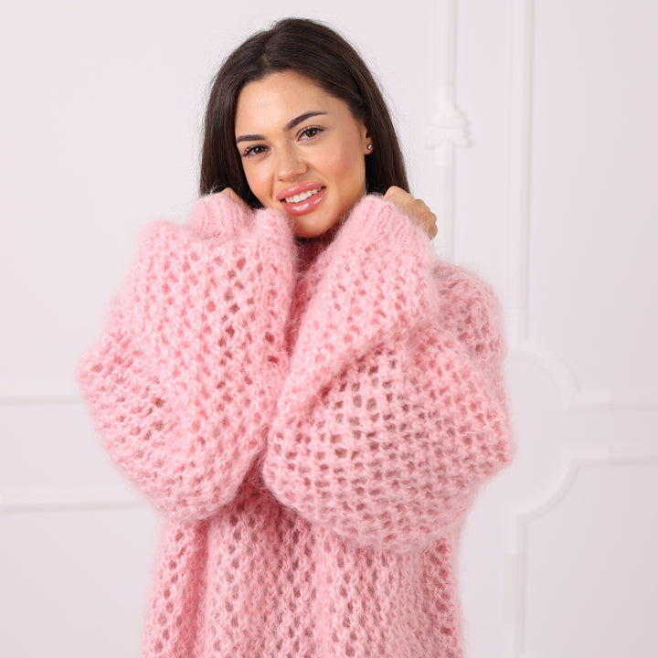 Pink Mohair Fishnet Sweater Oversized Sheer Pullover Airy Handmade Cozy Statement Knitwear Luxury T2287