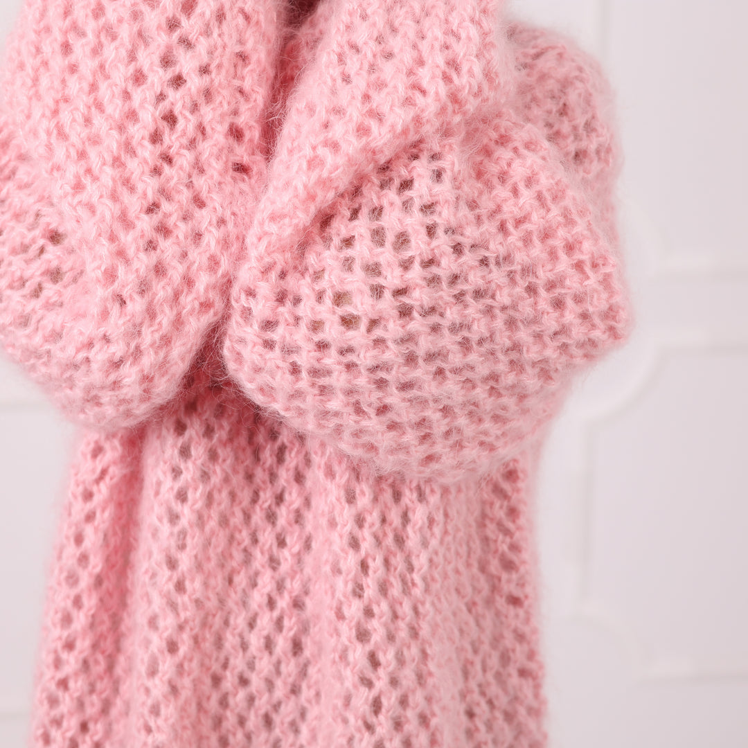 Pink Mohair Fishnet Sweater Oversized Sheer Pullover Airy Handmade Cozy Statement Knitwear Luxury T2287