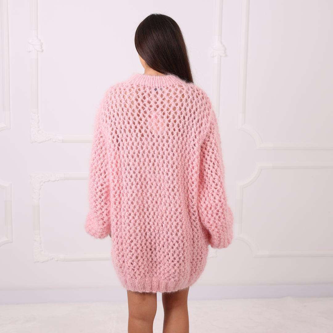 Pink Mohair Fishnet Sweater Oversized Sheer Pullover Airy Handmade Cozy Statement Knitwear Luxury T2287