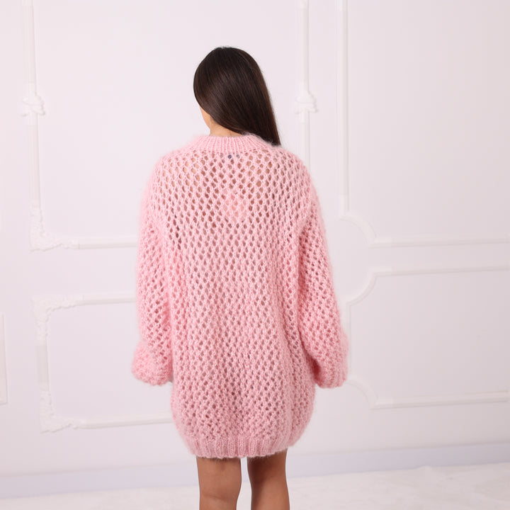 Pink Mohair Fishnet Sweater Oversized Sheer Pullover Airy Handmade Cozy Statement Knitwear Luxury T2287