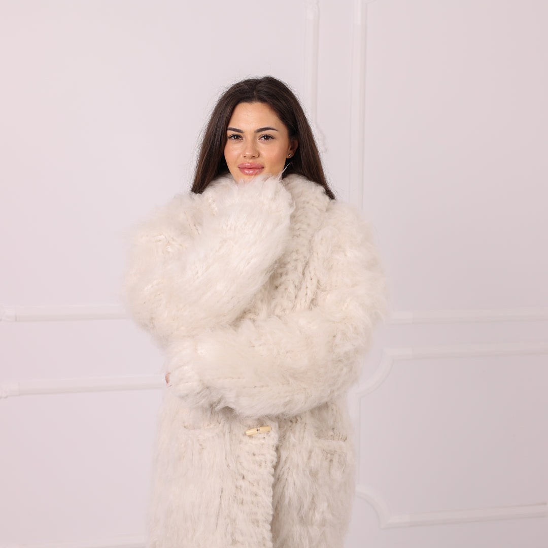 Ivory Alpaca Cardigan, Fluffy Fuzzy Coat, Oversized Knit Jacket, Handmade Luxury Winter Outerwear Cozy T2290