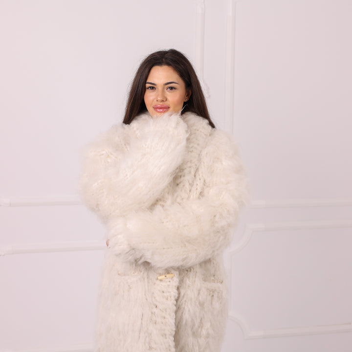 Ivory Alpaca Cardigan, Fluffy Fuzzy Coat, Oversized Knit Jacket, Handmade Luxury Winter Outerwear Cozy T2290