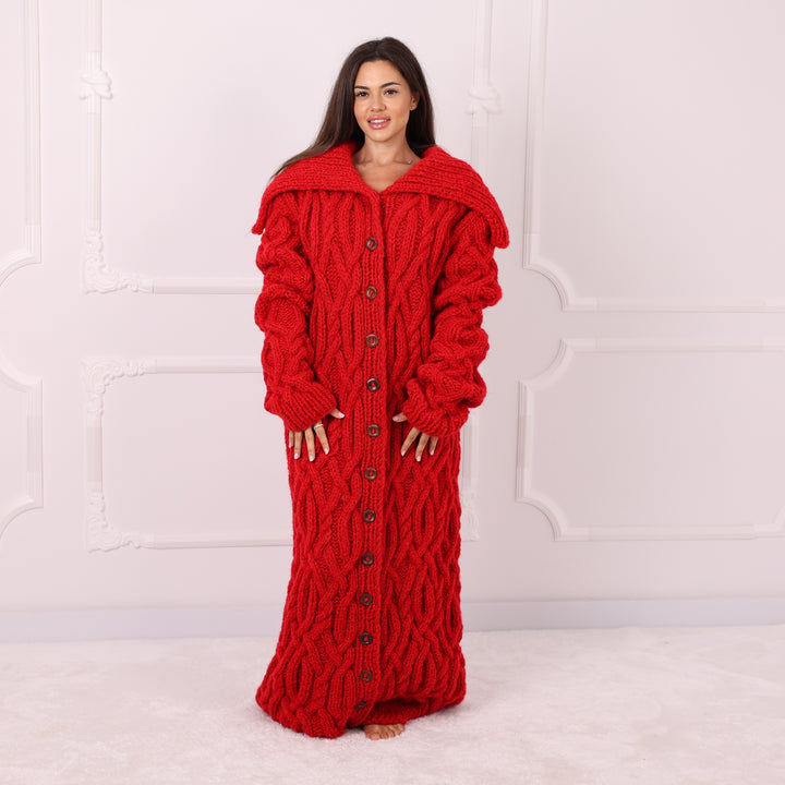 Red Italian alpaca wool cable maxi cardigan size 8XL