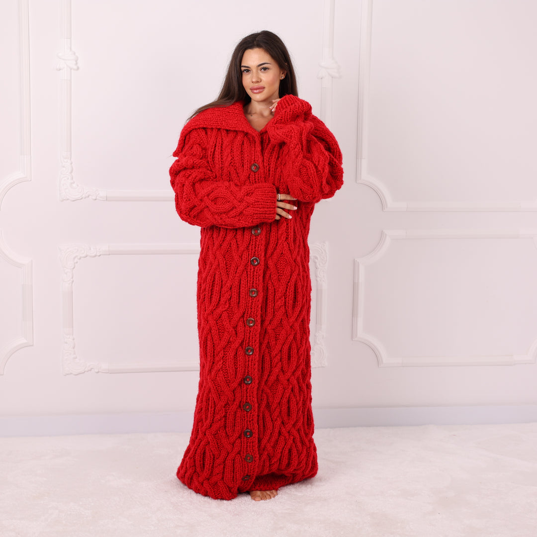 Hand-knitted red oversized cable coatigan ready to ship