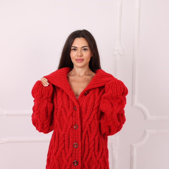 Red buttoned alpaca wool cable maxi cardigan T2289R