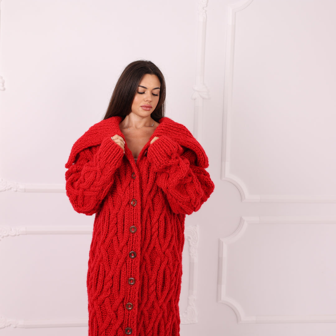 Oversized red cable knit statement cardigan size 8XL