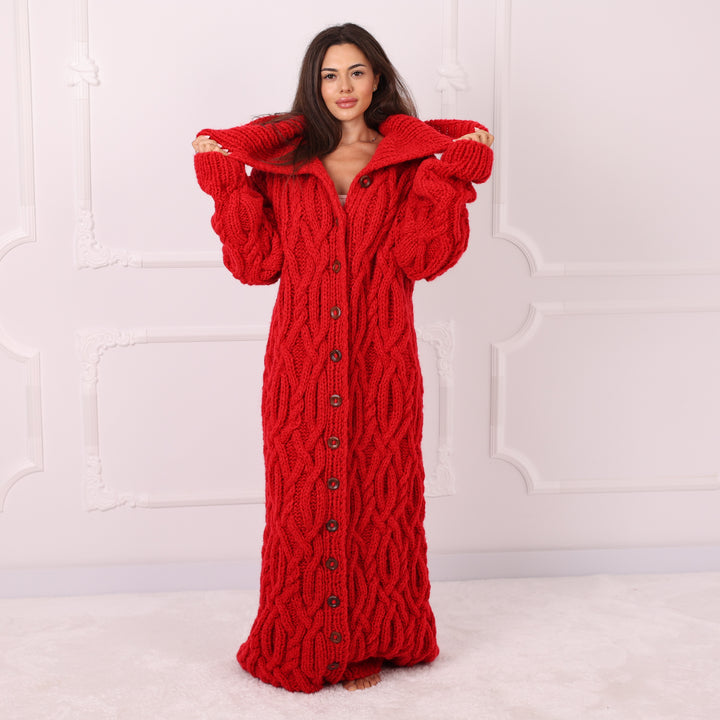 Long red Italian alpaca mix cable cardigan