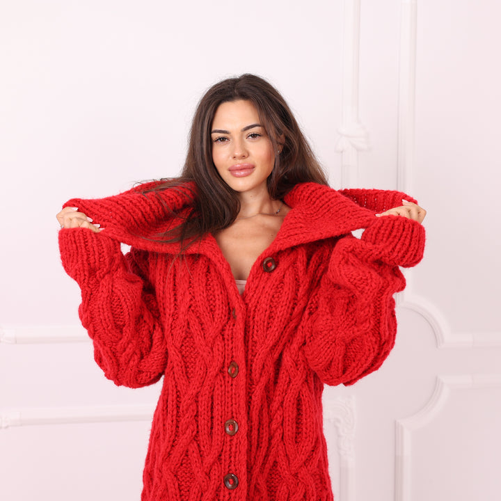 Red handmade cable knit maxi sweater coat