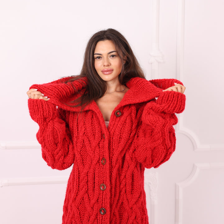 Chunky red alpaca wool coatigan ready to ship