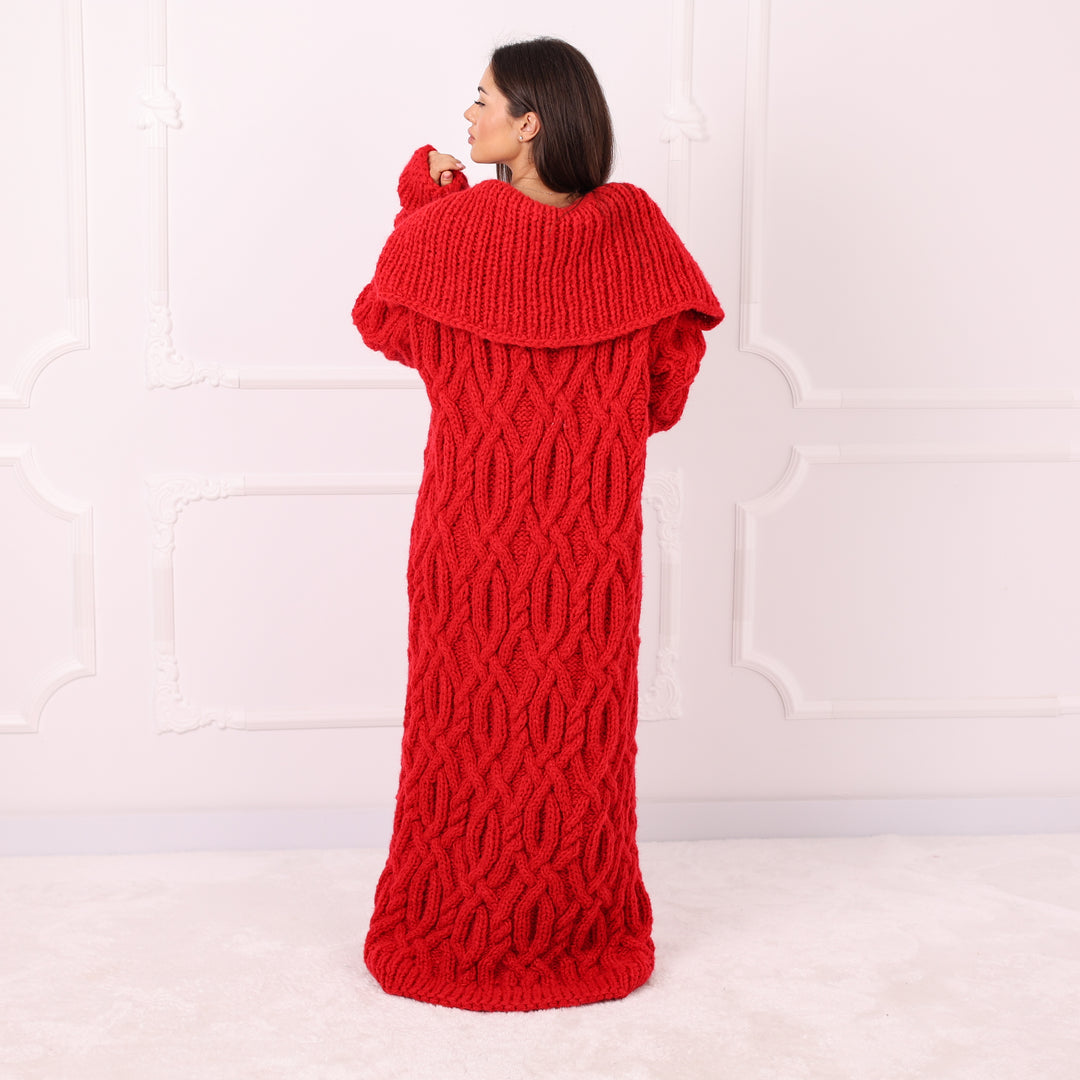 Long red wool alpaca cable knit cardigan