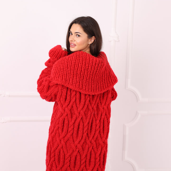 Handmade red cable coatigan size 8XL