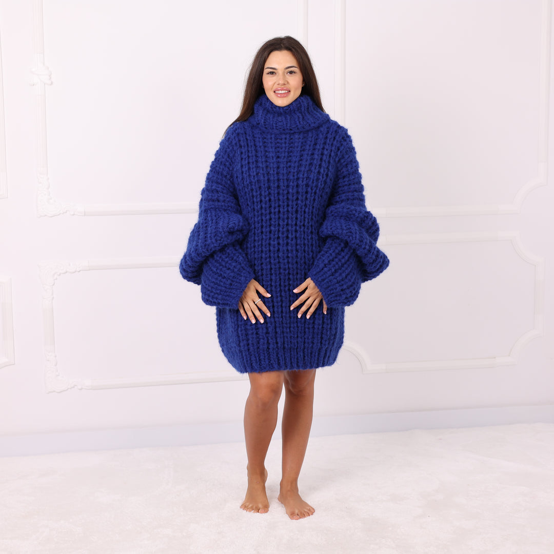 Blue Alpaca Sweater Dress Oversized Chunky Turtleneck Pullover Handmade Winter Knit Cozy Luxury T2285