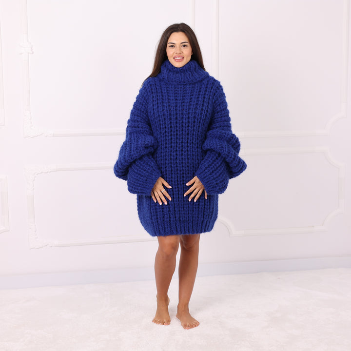 Blue Alpaca Sweater Dress Oversized Chunky Turtleneck Pullover Handmade Winter Knit Cozy Luxury T2285