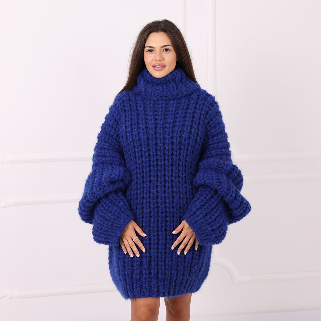 blue turtleneck dress Anglaise Embroidered Long Sleeve Navy skimming silhouette Oversized Turtleneck Mini Sweater Dress