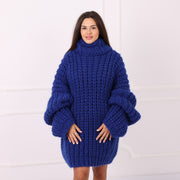 Blue 20-Strand Alpaca Merino Turtleneck Sweater Dress T2285
