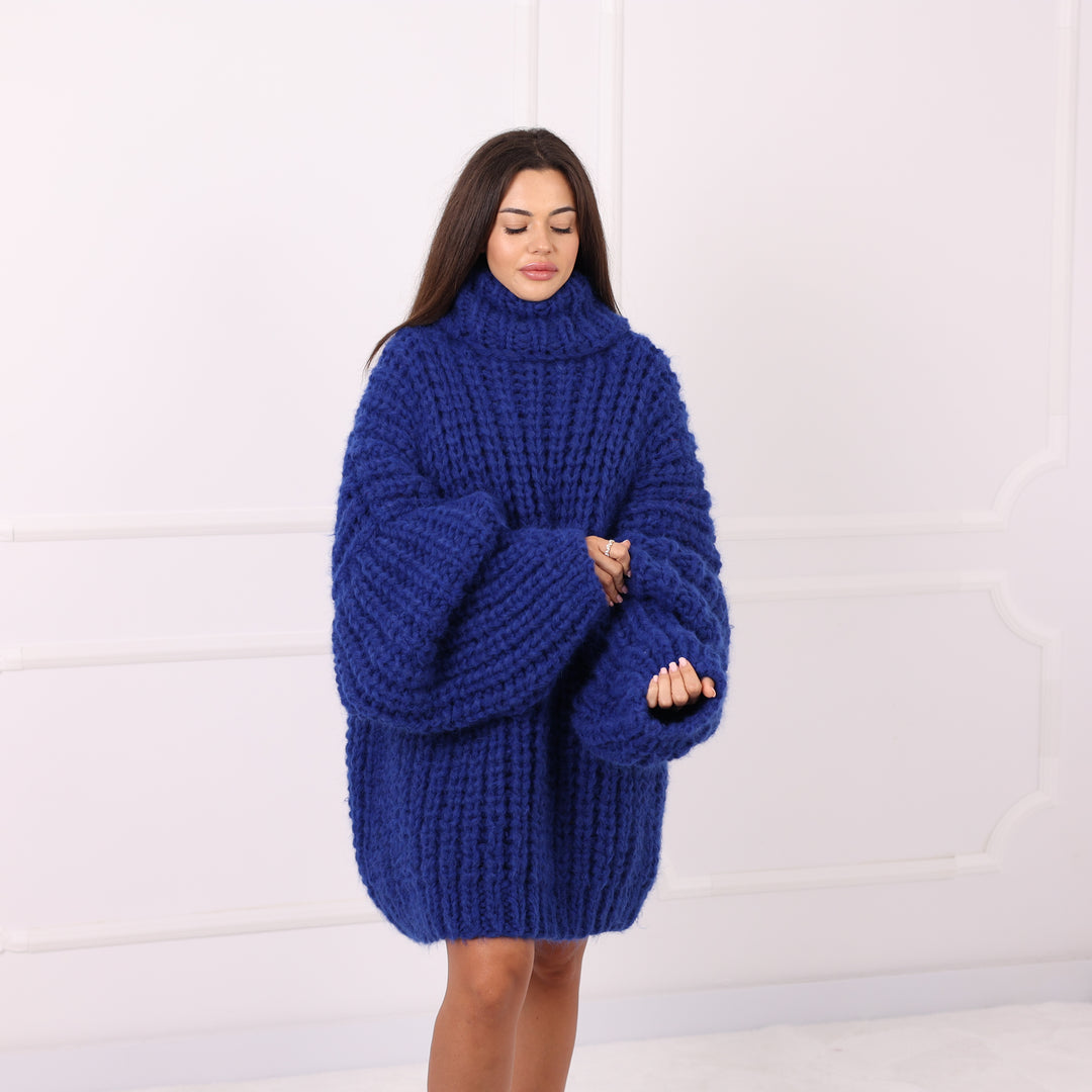 Blue Alpaca Sweater Dress Oversized Chunky Turtleneck Pullover Handmade Winter Knit Cozy Luxury T2285