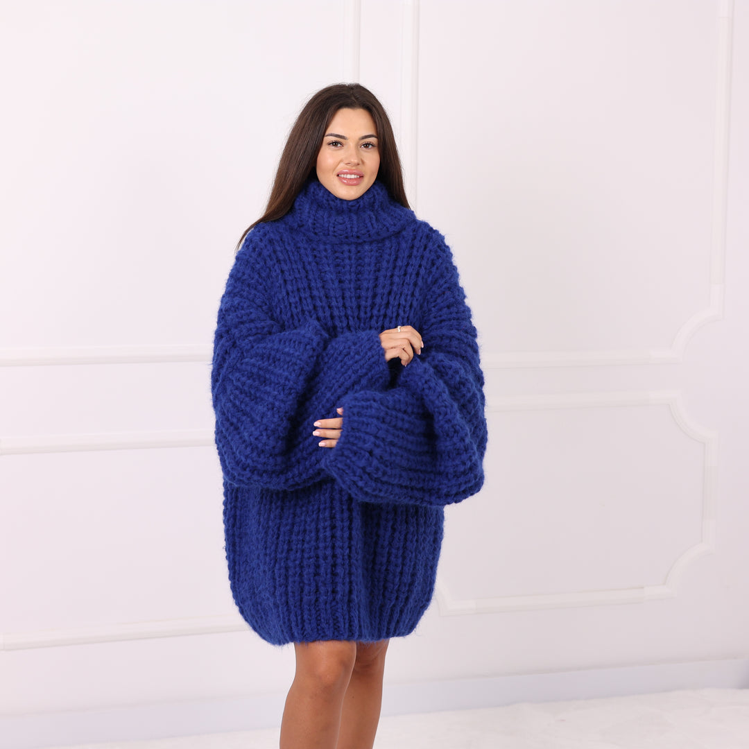 Blue Alpaca Sweater Dress Oversized Chunky Turtleneck Pullover Handmade Winter Knit Cozy Luxury T2285