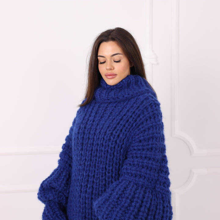 Blue Alpaca Sweater Dress Oversized Chunky Turtleneck Pullover Handmade Winter Knit Cozy Luxury T2285