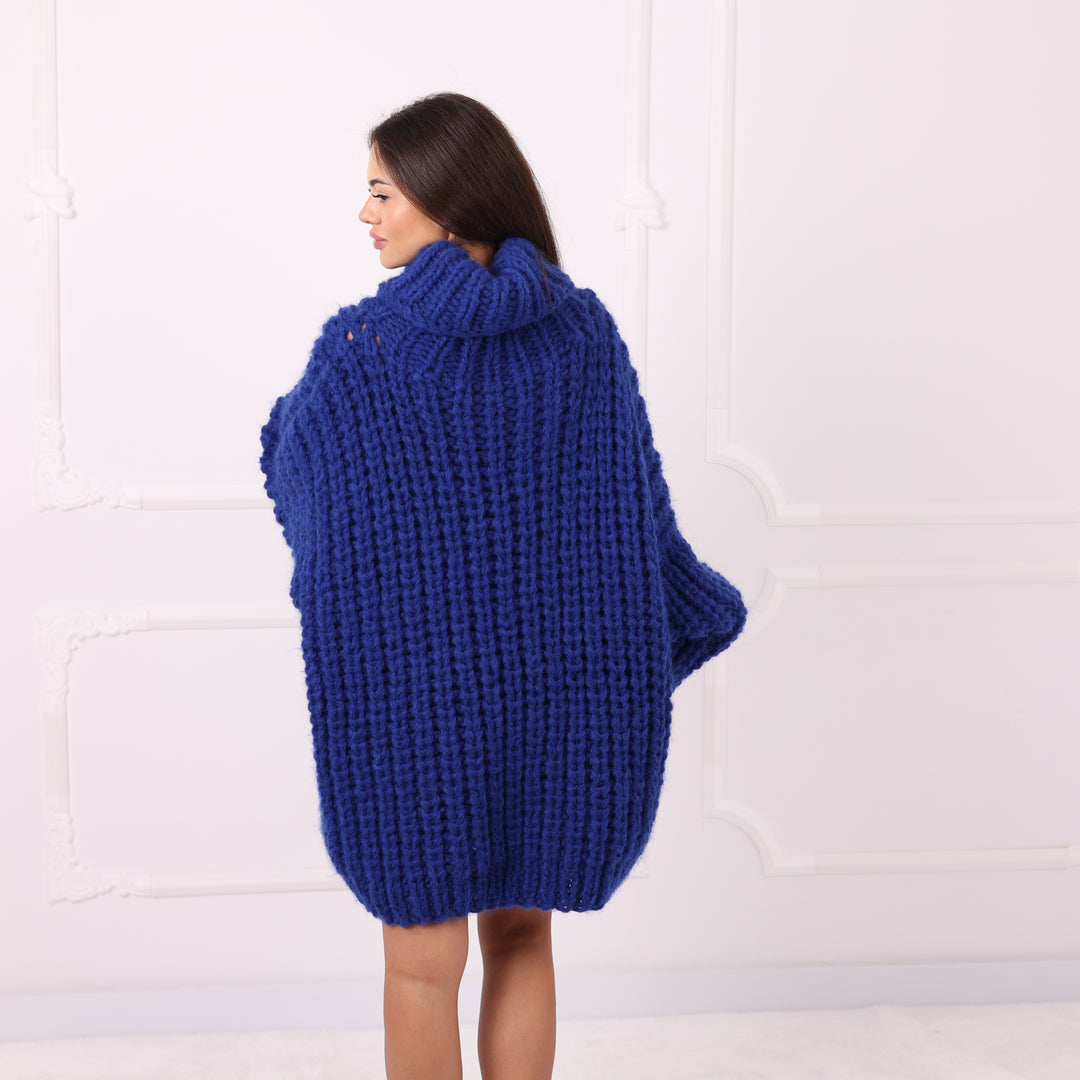 Blue Alpaca Sweater Dress Oversized Chunky Turtleneck Pullover Handmade Winter Knit Cozy Luxury T2285