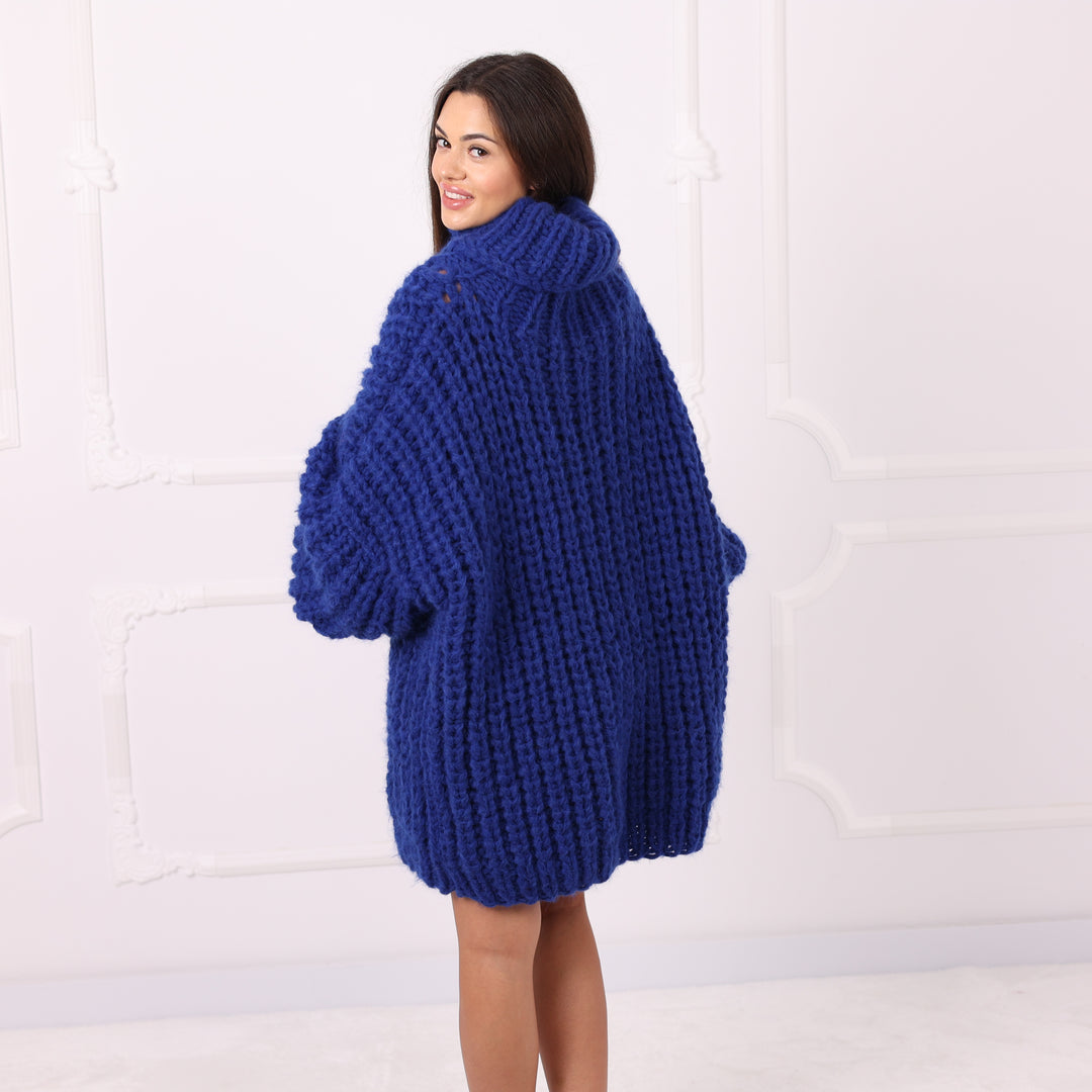Blue Alpaca Sweater Dress Oversized Chunky Turtleneck Pullover Handmade Winter Knit Cozy Luxury T2285