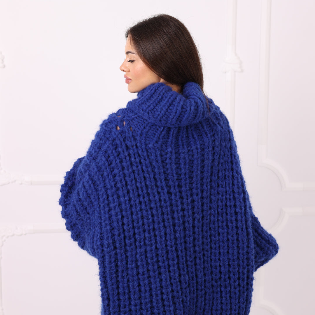 Blue Alpaca Sweater Dress Oversized Chunky Turtleneck Pullover Handmade Winter Knit Cozy Luxury T2285