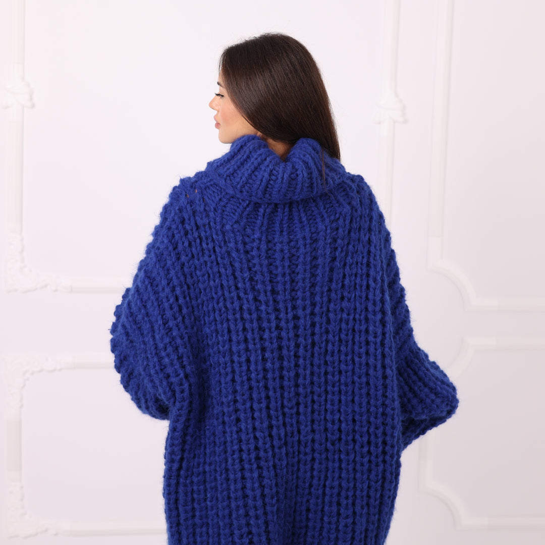 Blue Alpaca Sweater Dress Oversized Chunky Turtleneck Pullover Handmade Winter Knit Cozy Luxury T2285