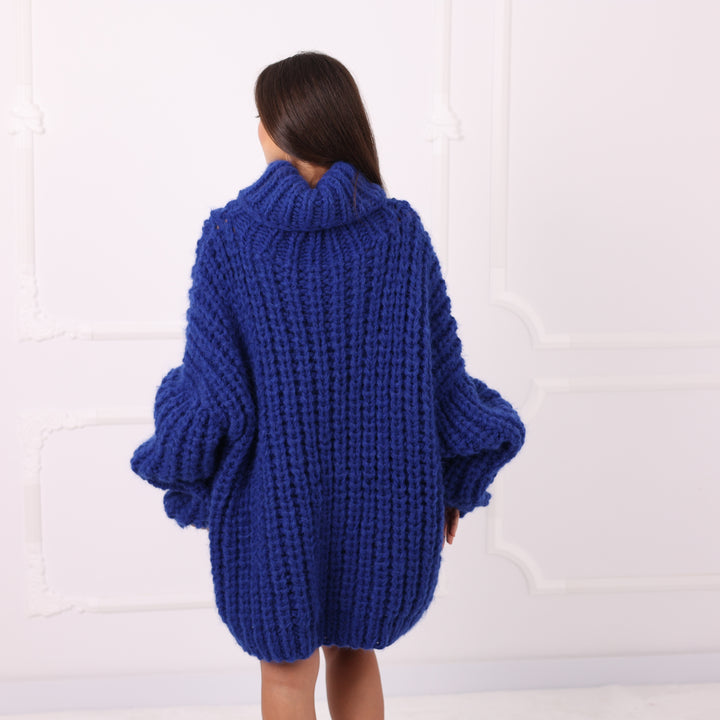 Blue Alpaca Sweater Dress Oversized Chunky Turtleneck Pullover Handmade Winter Knit Cozy Luxury T2285