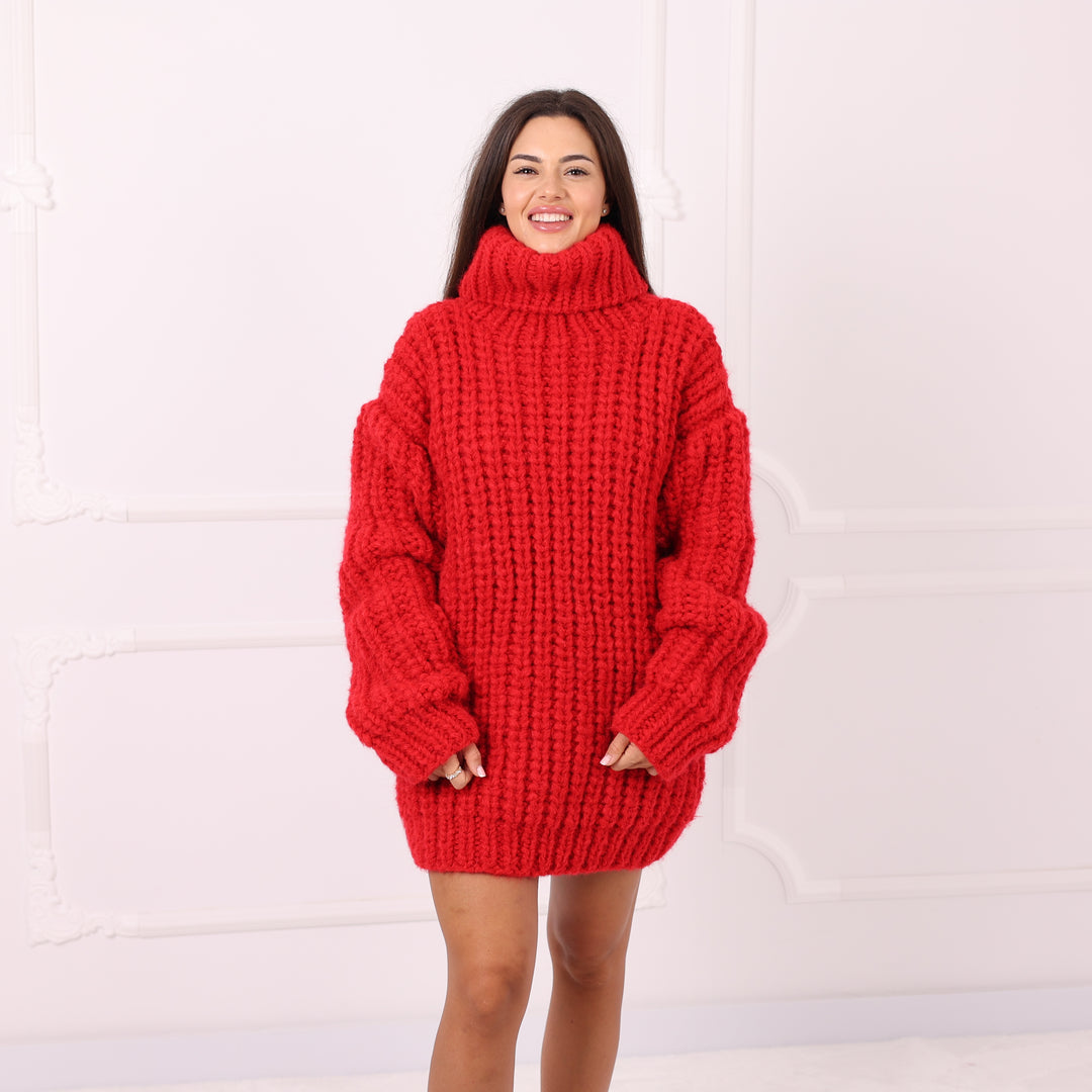Red Alpaca Sweater Dress Oversized English Rib Turtleneck Handmade Cozy Winter Knitwear Gift  T2284