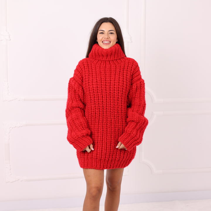 Red Alpaca Sweater Dress Oversized English Rib Turtleneck Handmade Cozy Winter Knitwear Gift  T2284