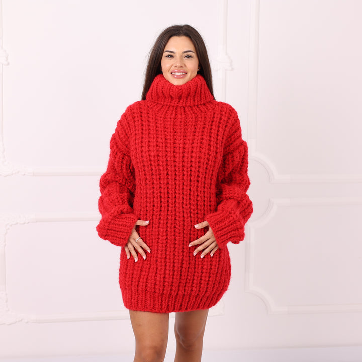 Red Alpaca Sweater Dress Oversized English Rib Turtleneck Handmade Cozy Winter Knitwear Gift  T2284