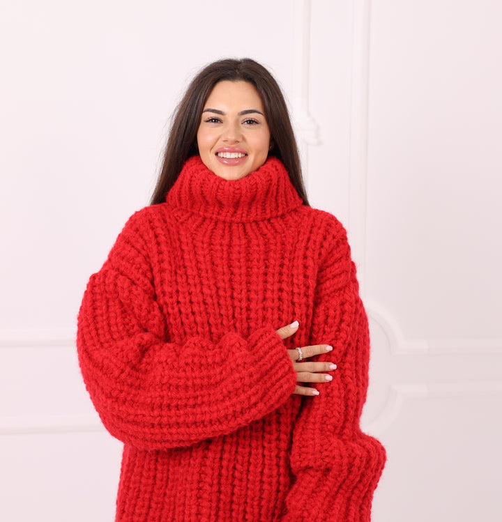 Red Alpaca Sweater Dress Oversized English Rib Turtleneck Handmade Cozy Winter Knitwear Gift  T2284