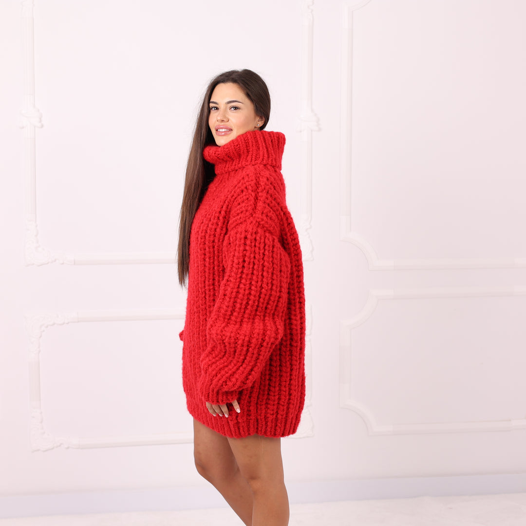 Red Alpaca Sweater Dress Oversized English Rib Turtleneck Handmade Cozy Winter Knitwear Gift  T2284