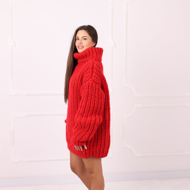 Red Alpaca Sweater Dress Oversized English Rib Turtleneck Handmade Cozy Winter Knitwear Gift  T2284