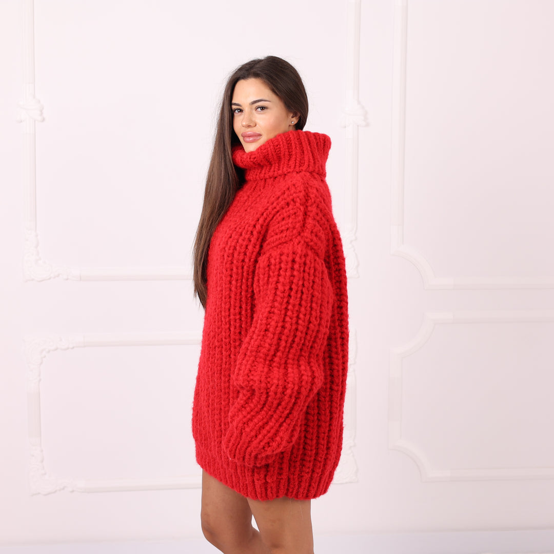 Red Alpaca Sweater Dress Oversized English Rib Turtleneck Handmade Cozy Winter Knitwear Gift  T2284