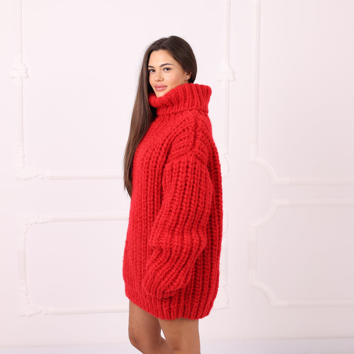 Red Alpaca Sweater Dress Oversized English Rib Turtleneck Handmade Cozy Winter Knitwear Gift  T2284