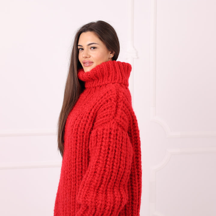 Red Alpaca Sweater Dress Oversized English Rib Turtleneck Handmade Cozy Winter Knitwear Gift  T2284