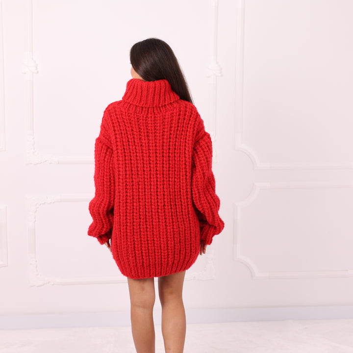 Red Alpaca Sweater Dress Oversized English Rib Turtleneck Handmade Cozy Winter Knitwear Gift  T2284
