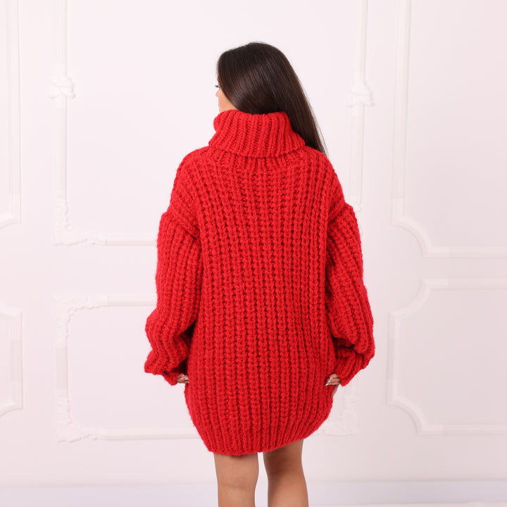 Red Alpaca Sweater Dress Oversized English Rib Turtleneck Handmade Cozy Winter Knitwear Gift  T2284
