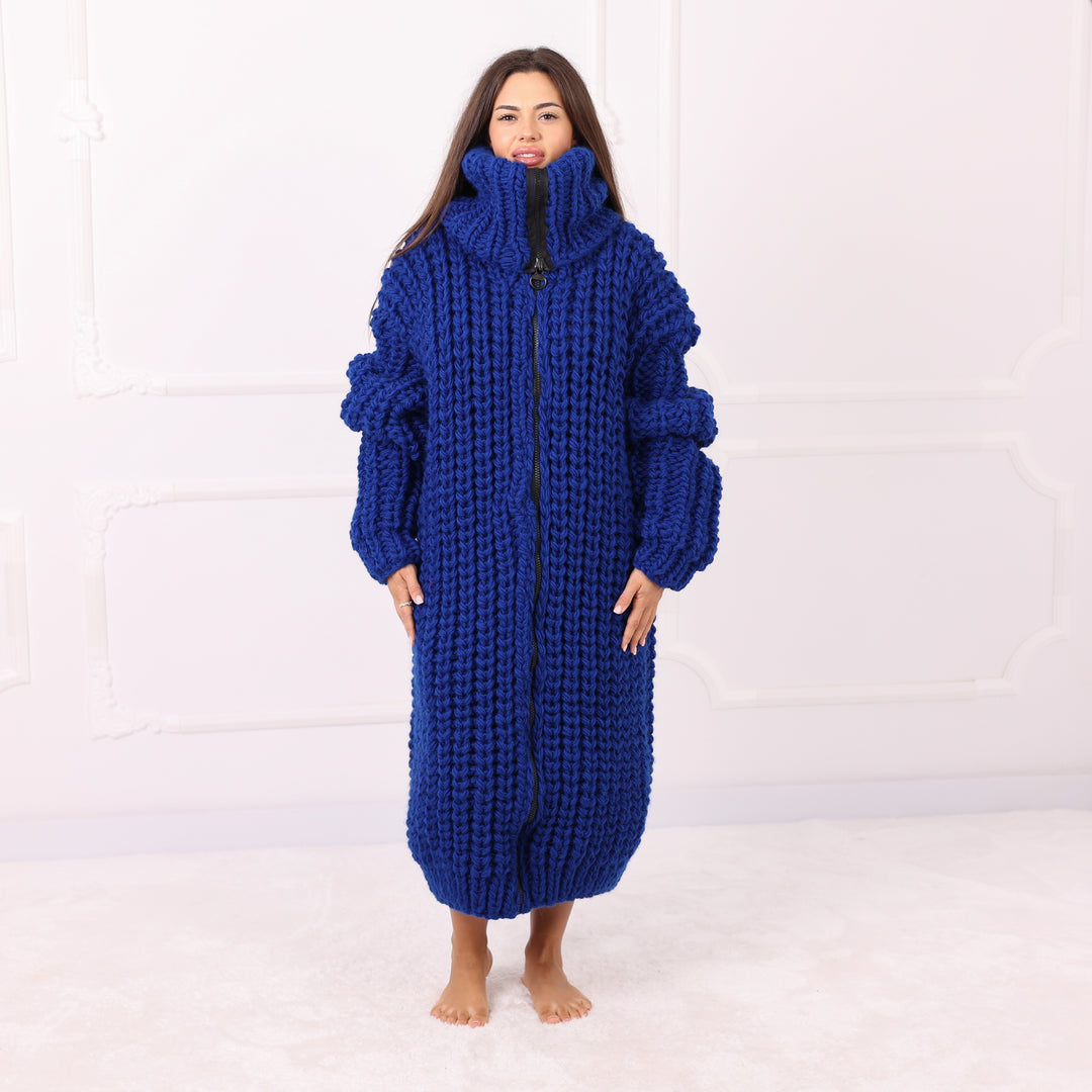 Blue Wool Long Cardigan, Oversized English Rib, Zip Turtleneck, Handmade Maxi Coat, Luxury Knitwear  T2288