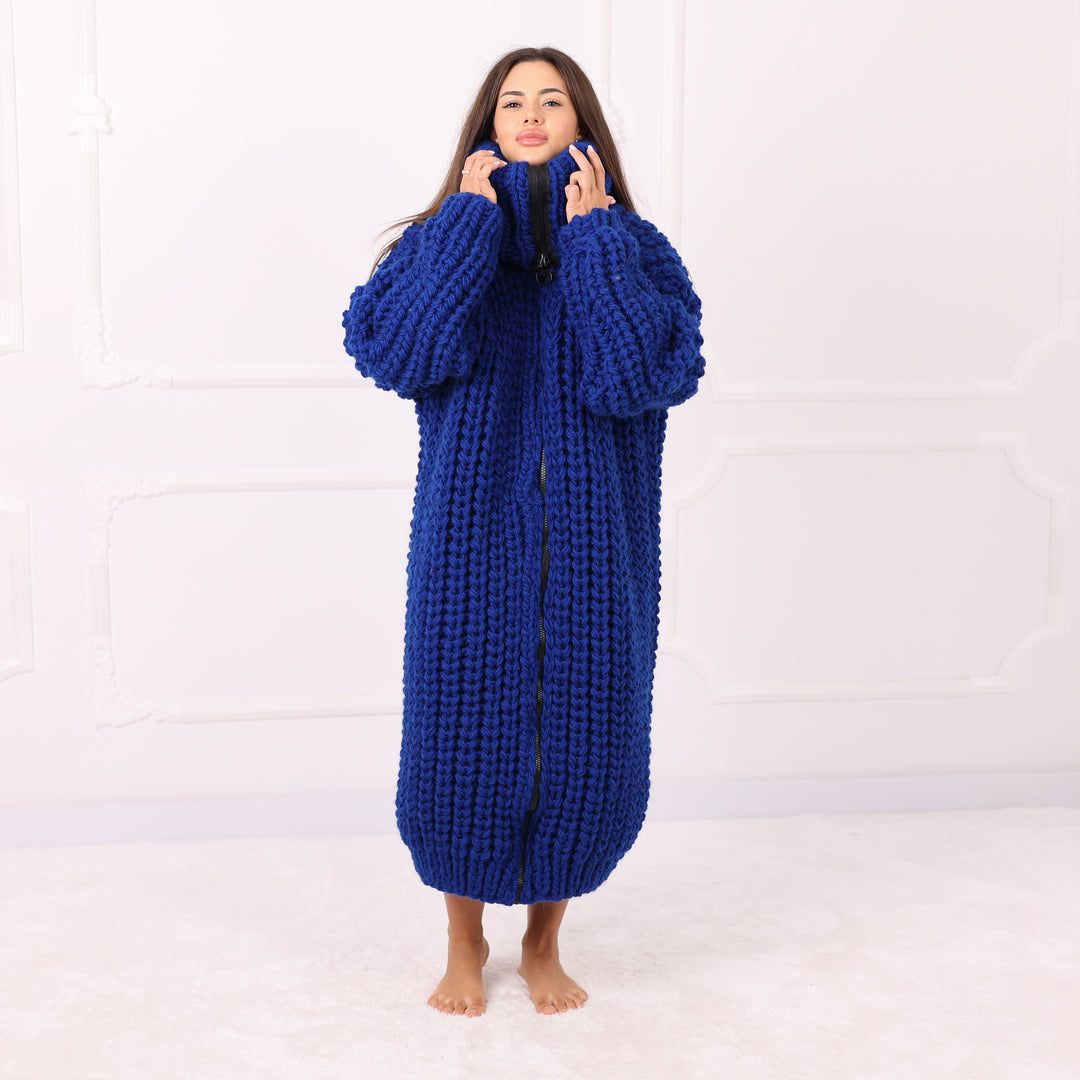 Blue Wool Long Cardigan, Oversized English Rib, Zip Turtleneck, Handmade Maxi Coat, Luxury Knitwear  T2288