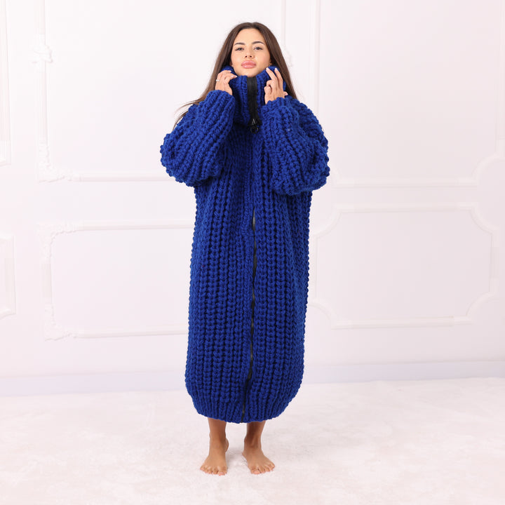 Blue Wool Long Cardigan, Oversized English Rib, Zip Turtleneck, Handmade Maxi Coat, Luxury Knitwear  T2288