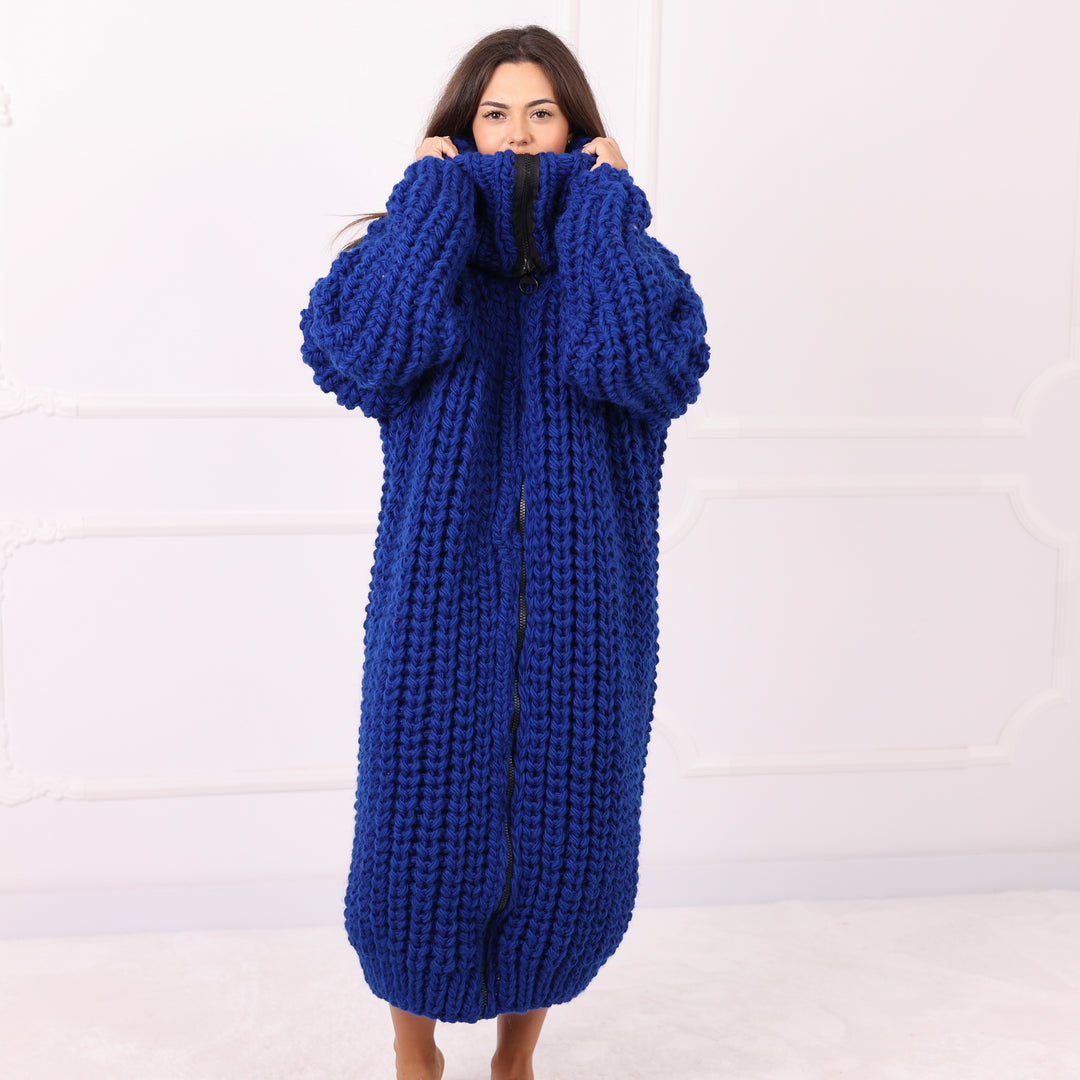 Blue Wool Long Cardigan, Oversized English Rib, Zip Turtleneck, Handmade Maxi Coat, Luxury Knitwear  T2288