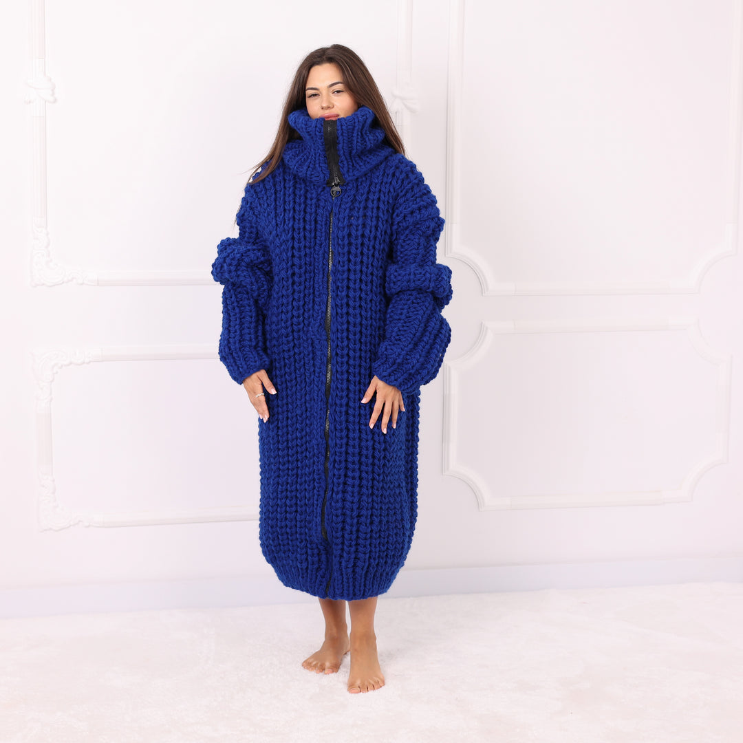 Blue Wool Long Cardigan, Oversized English Rib, Zip Turtleneck, Handmade Maxi Coat, Luxury Knitwear  T2288