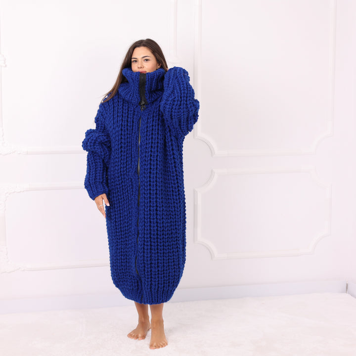 Blue Wool Long Cardigan, Oversized English Rib, Zip Turtleneck, Handmade Maxi Coat, Luxury Knitwear  T2288